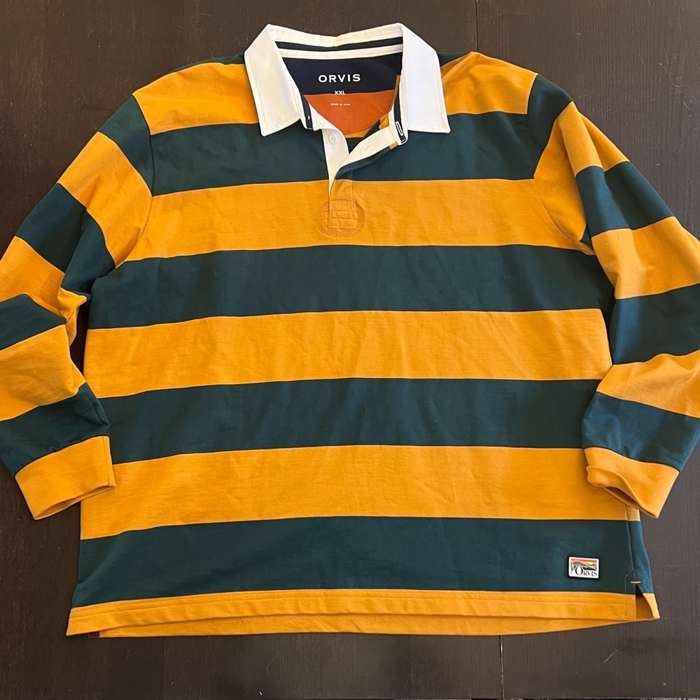 Orvis Men's Green and Gold Striped Rugby Shirt